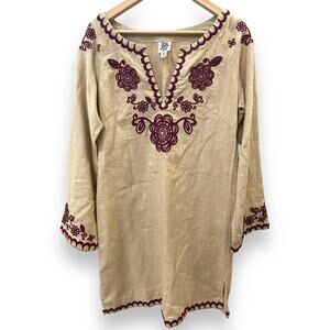 Ivy Jane Sz S Embroidered 100% Ramie Floral Midi Boho Dress Natural Beige NWOT